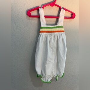 Vintage 1980s Unisex Baby Sz 24M Bubble Romper White Orange Green Cotton Poly